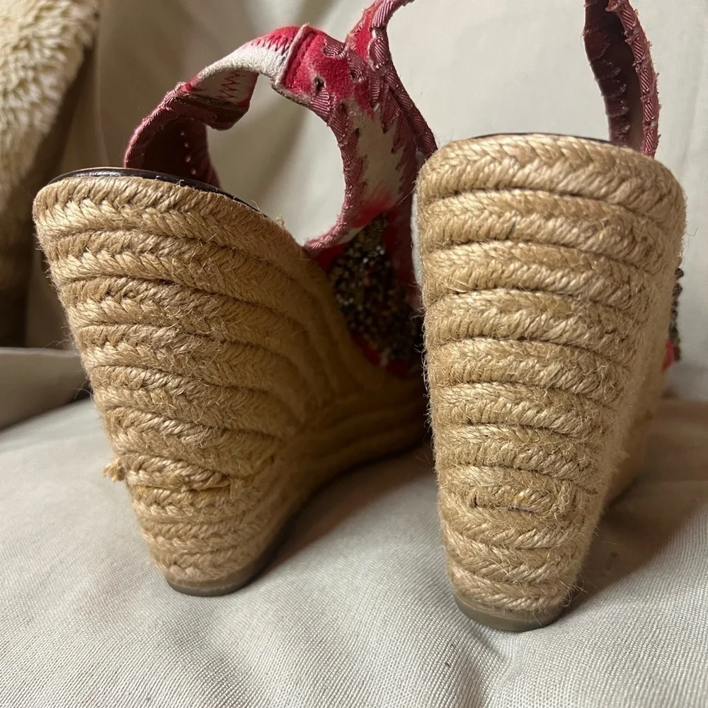 Bacio 61 Floral Beaded Wedge Peep-toe Slingback Espadrilles::EUC::Summer Staple